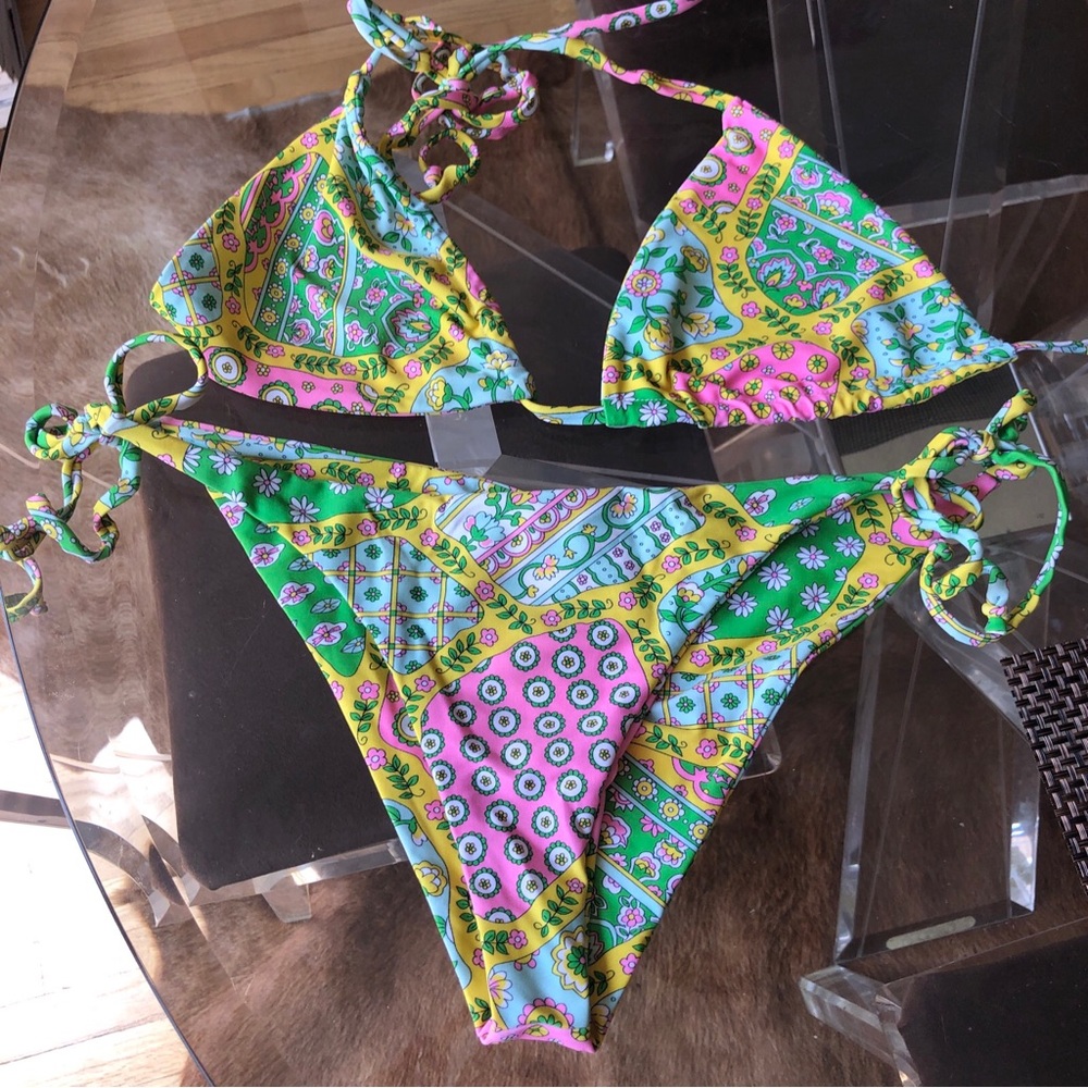 Vanessa Mooney Size XL Vibrant Paisley Tie-Side Bikini - Yellow, Pink & Green